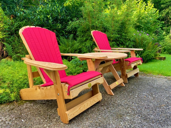 2 Adjustable Adirondack Comfort Chairs Table & Cushions